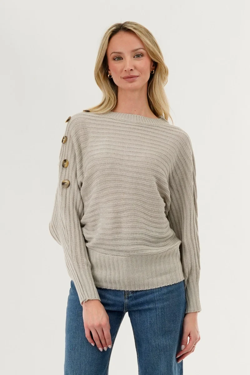 Ribbed Button Detail Pullover Sweater - Taupe