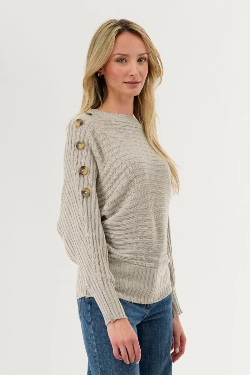 Ribbed Button Detail Pullover Sweater - Taupe - Image 2