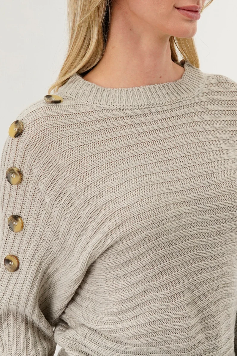 Ribbed Button Detail Pullover Sweater - Taupe - Image 4