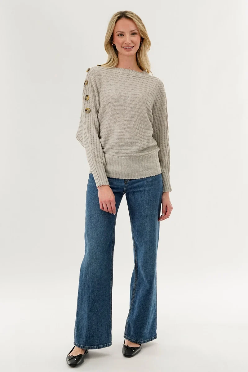 Ribbed Button Detail Pullover Sweater - Taupe - Image 5