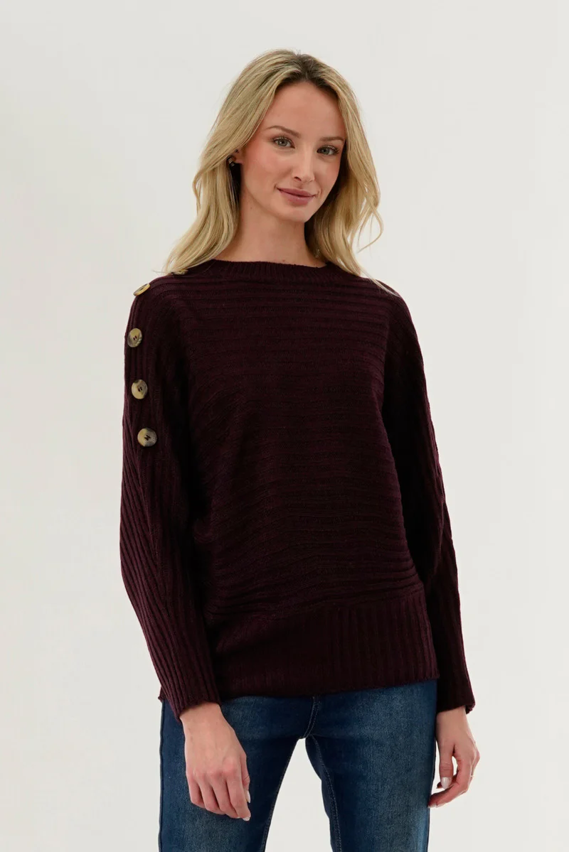Ribbed Button Detail Pullover Sweater - Burgundy