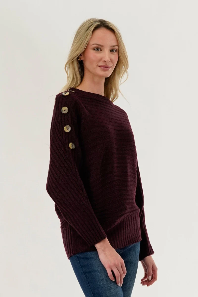 Ribbed Button Detail Pullover Sweater - Burgundy - Image 2