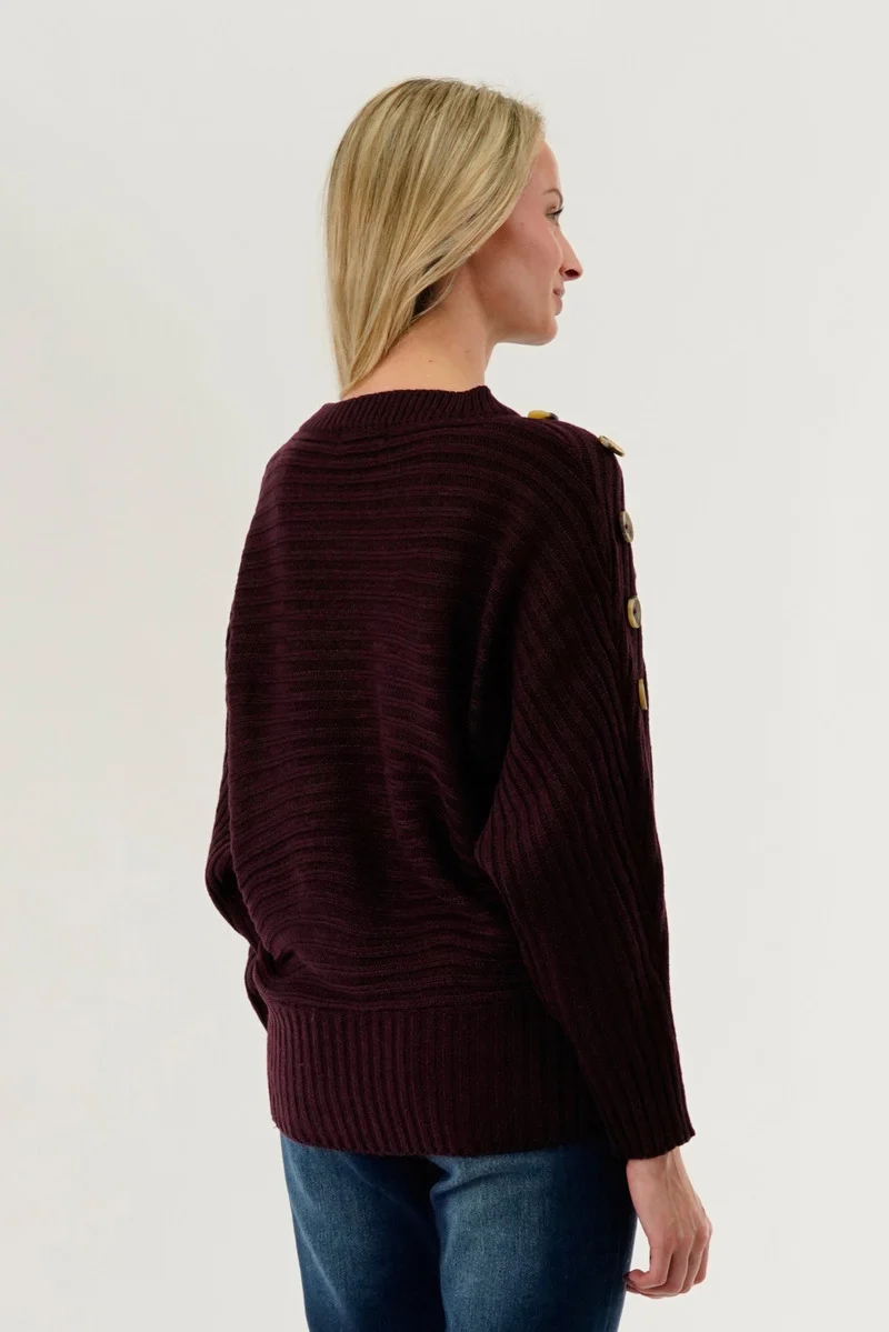 Ribbed Button Detail Pullover Sweater - Burgundy - Image 3