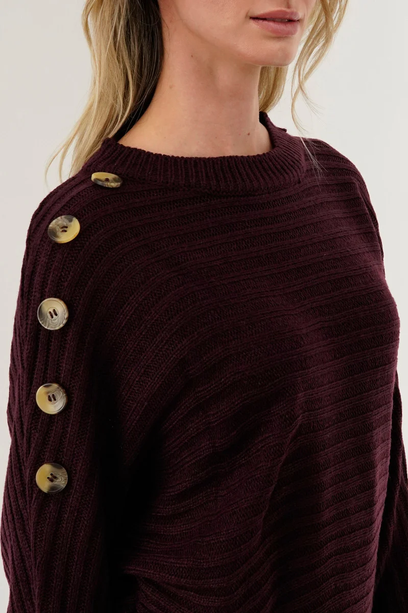 Ribbed Button Detail Pullover Sweater - Burgundy - Image 4