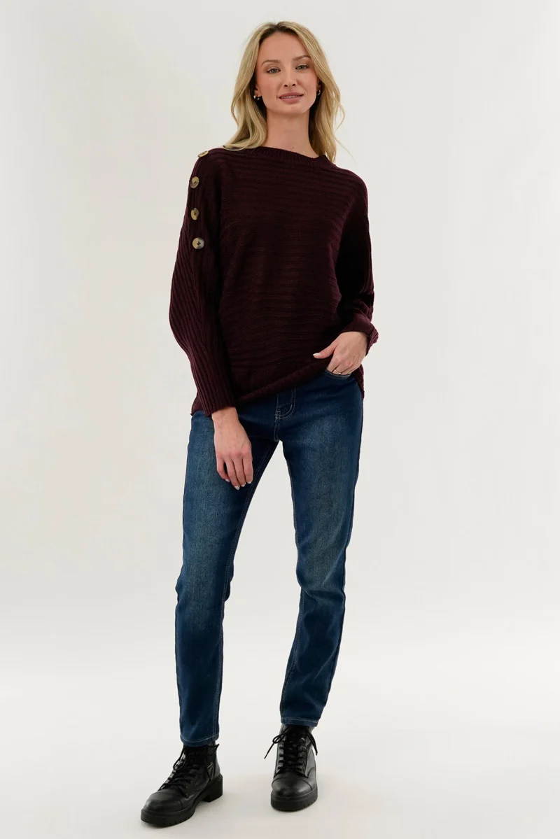 Ribbed Button Detail Pullover Sweater - Burgundy - Image 5