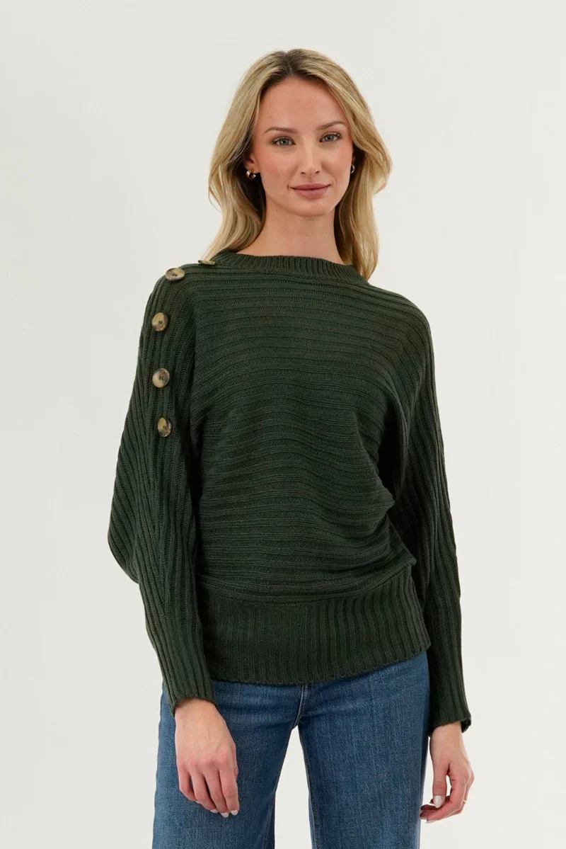 Ribbed Button Detail Pullover Sweater - Olive
