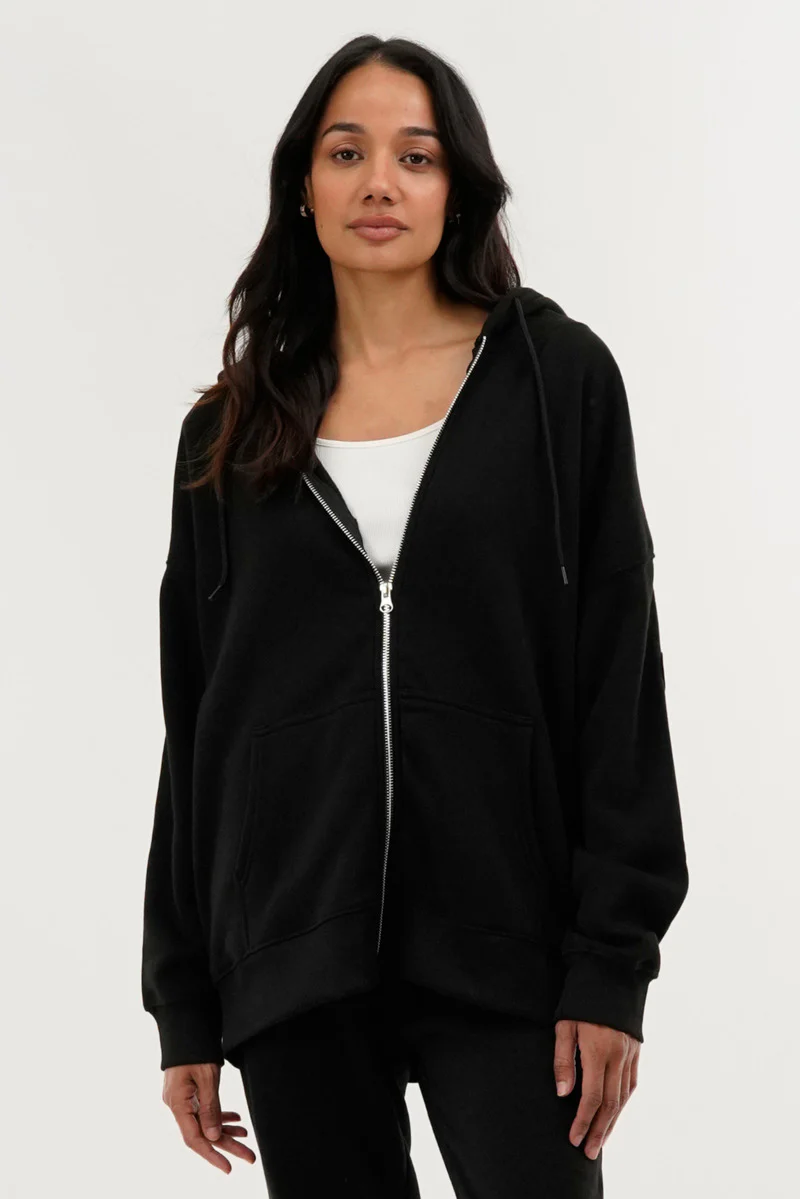 Zip Up Drop Shoulder Hoodie - Black