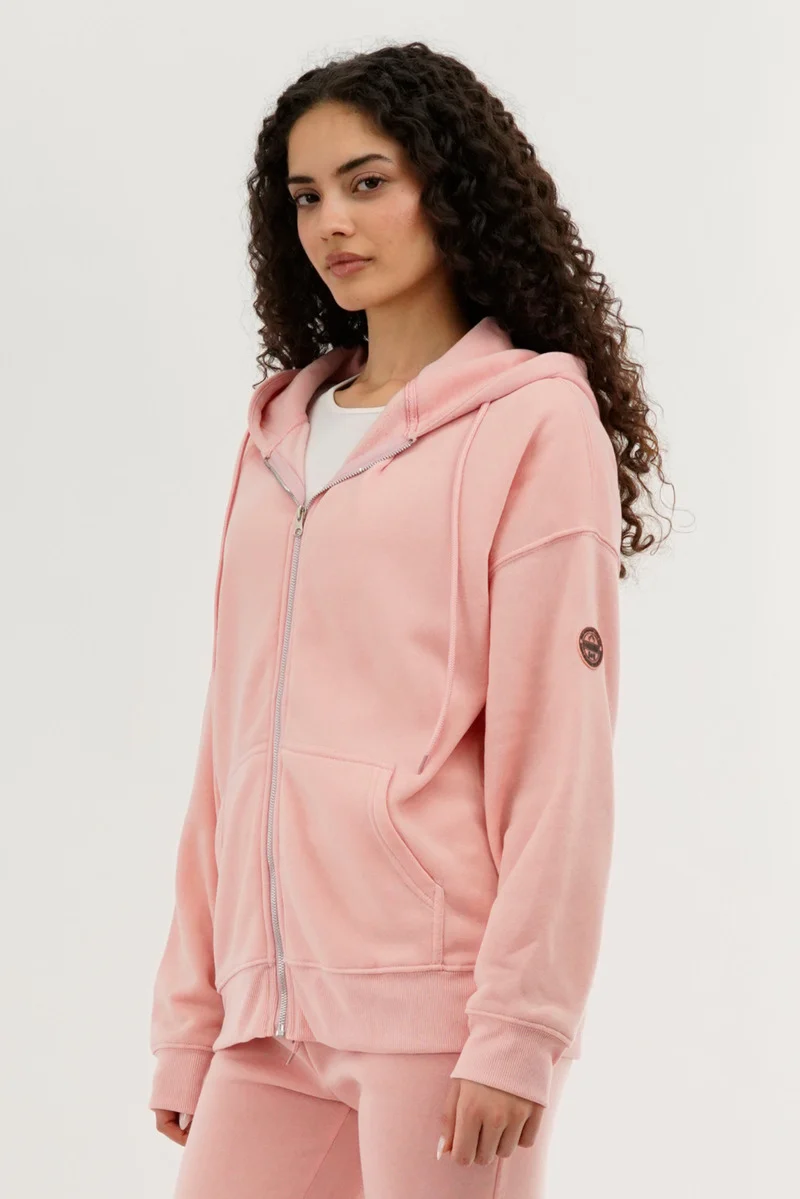 Zip Up Drop Shoulder Hoodie - Pink - Image 2