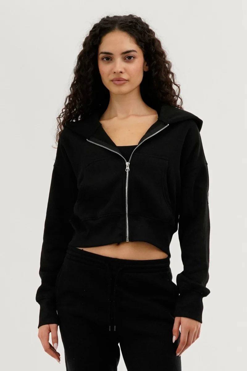 Cropped Zip Up Hoodie - Black