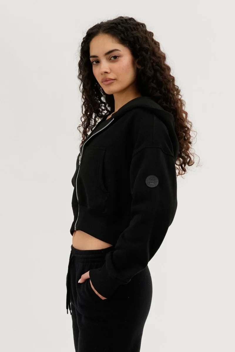 Cropped Zip Up Hoodie - Black - Image 2