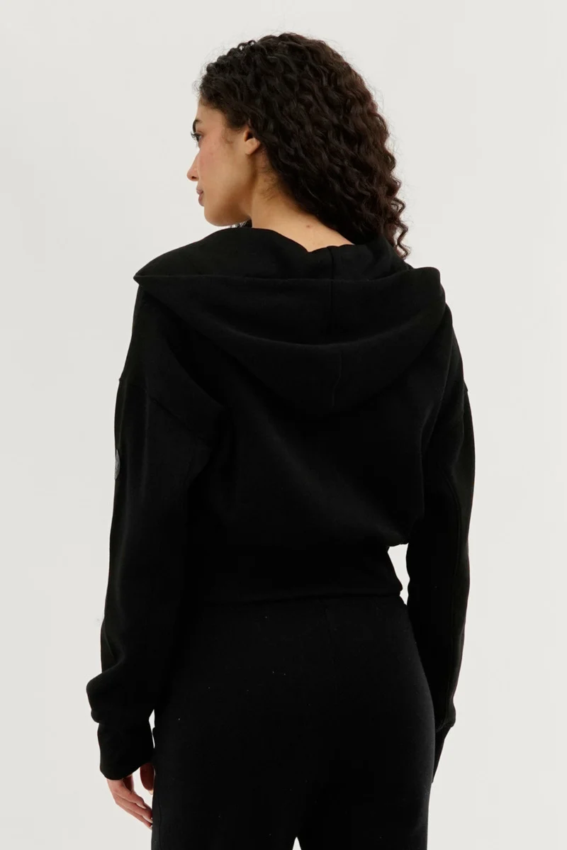 Cropped Zip Up Hoodie - Black - Image 3