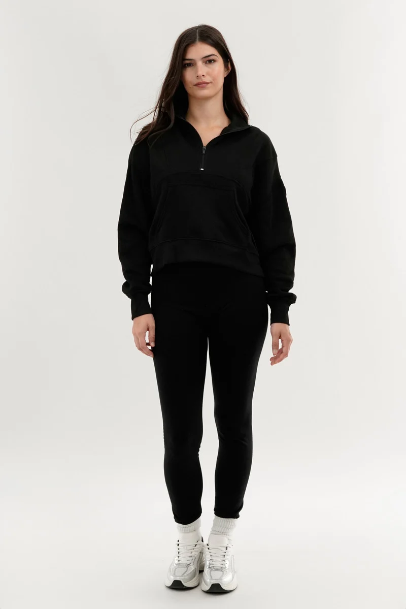Half Zip Cropped Sweatshirt - Black - Image 5