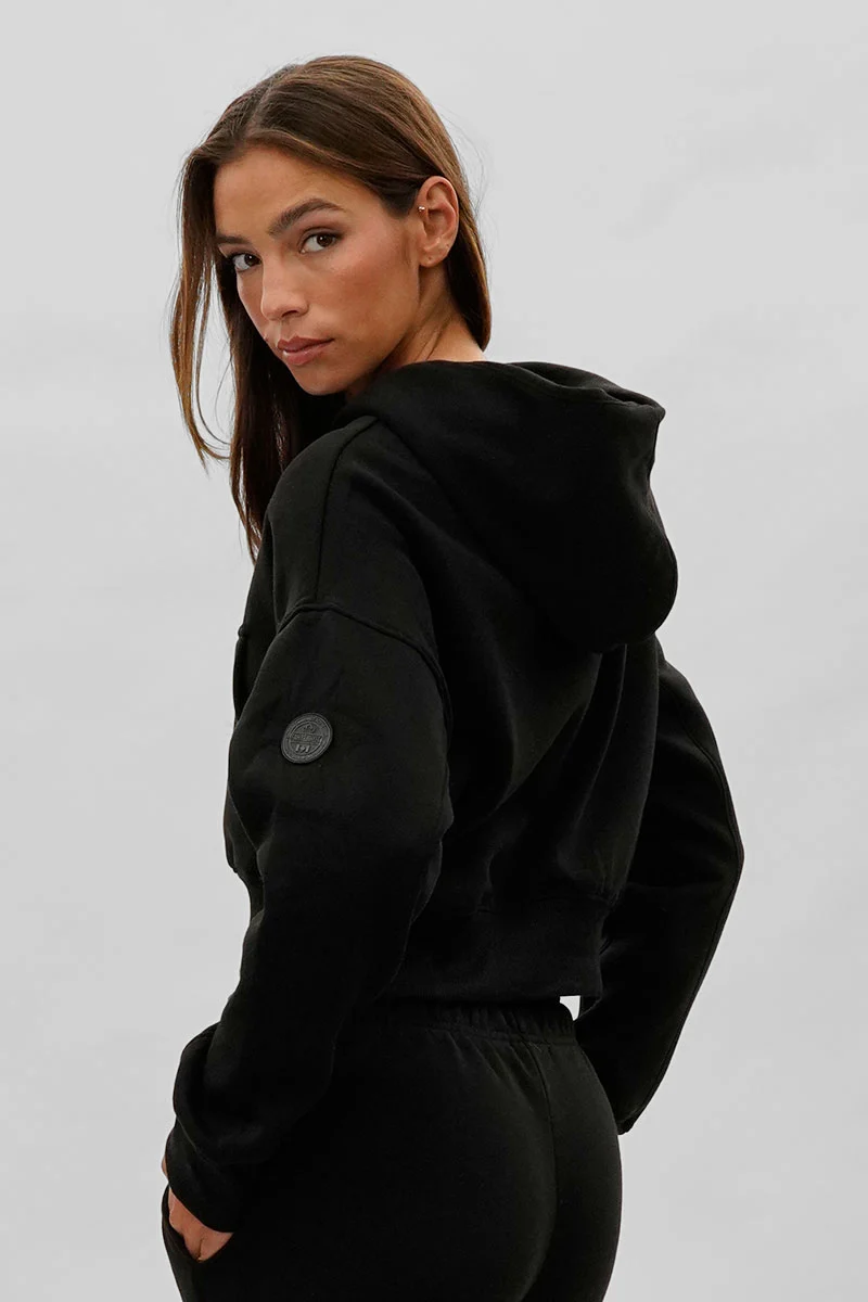 Cropped Drop Shoulder Hoodie - Black - Image 3